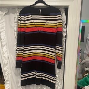 Free People Black Multicolor Striped V‑Neck Dress